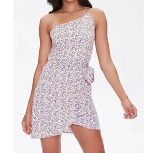 F21 White Ditsy Floral Thin Strap One Shoulder Wrap Tie Mini Dress